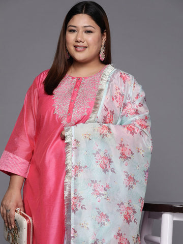 Varanga Women Plus Size Floral Yoke Design Sequinned Chanderi Silk Kurta with Trousers & Dupatta